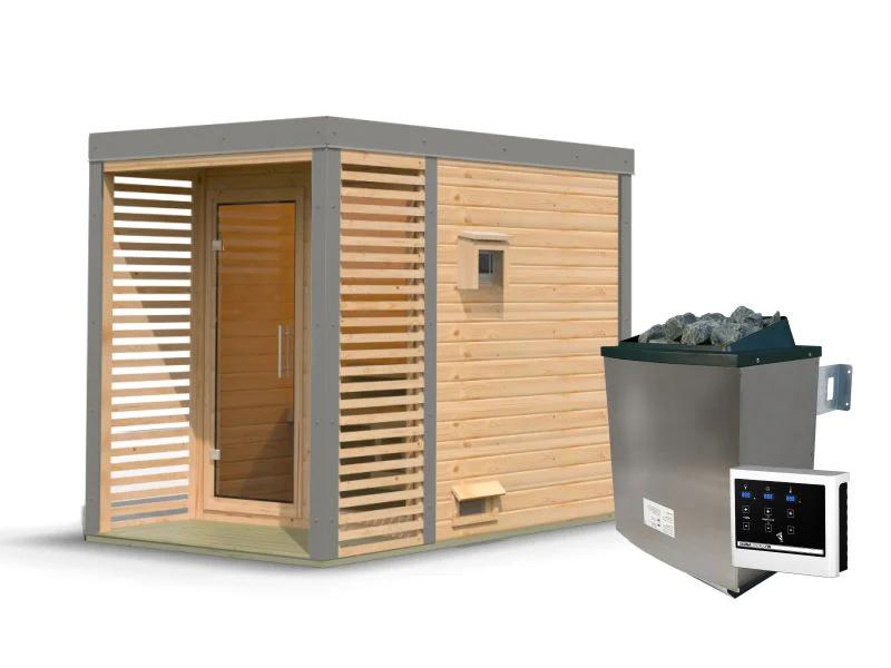 Karibu Hybrid Saunahaus Ares 1, naturbelassen/graualuminium, inkl. 9 kW Ofen ext. Steuerung - Image 3