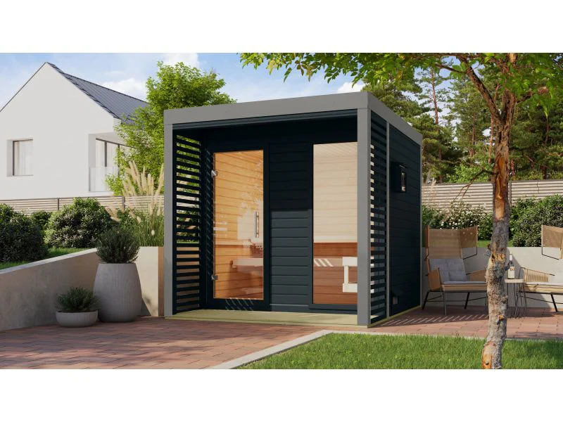 Karibu Hybrid Saunahaus Ares 2, anthrazit/graualuminium, inkl. 9 kW Ofen ext. Steuerung