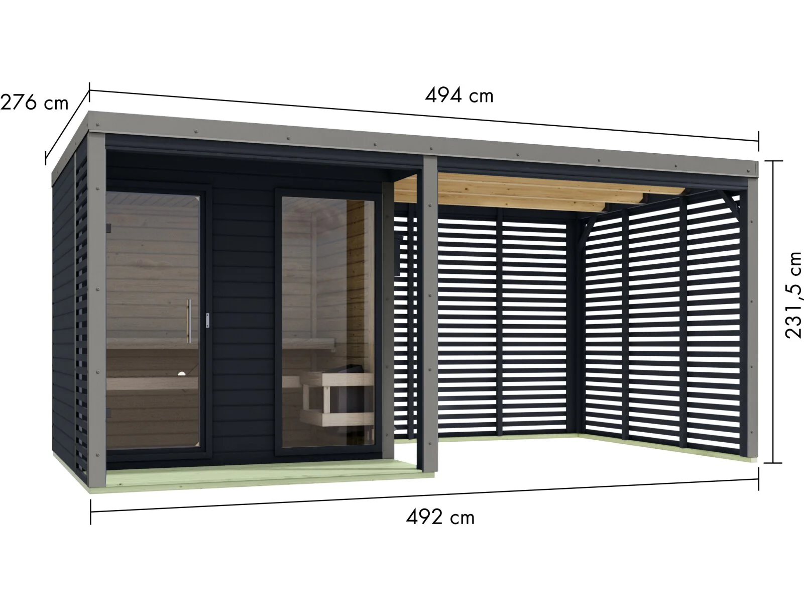 Karibu Hybrid Saunahaus Ares 2, inkl. Anbaudach in anthrazit/graualuminium, inkl. 9 kW Ofen ext. Steuerung easy - Image 2