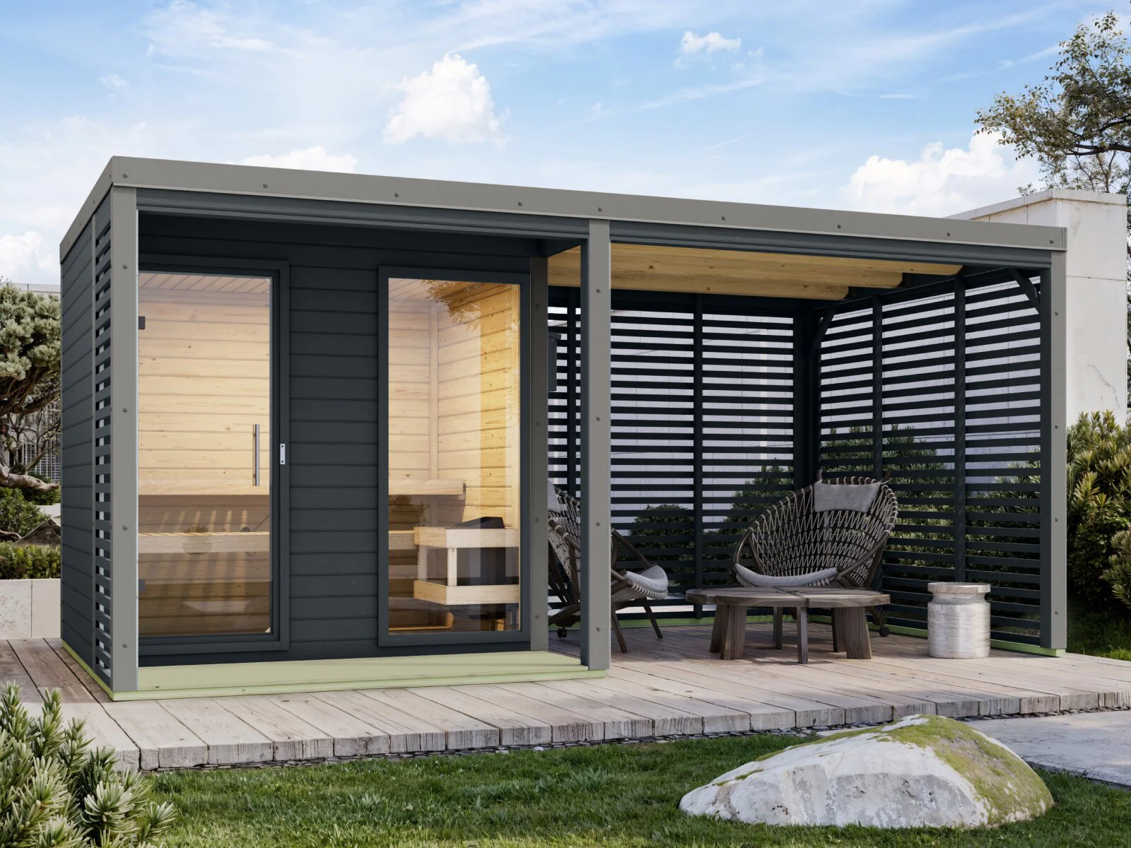 Karibu Hybrid Saunahaus Ares 2, inkl. Anbaudach in anthrazit/graualuminium, inkl. 9 kW Ofen ext. Steuerung Wifi HUUM