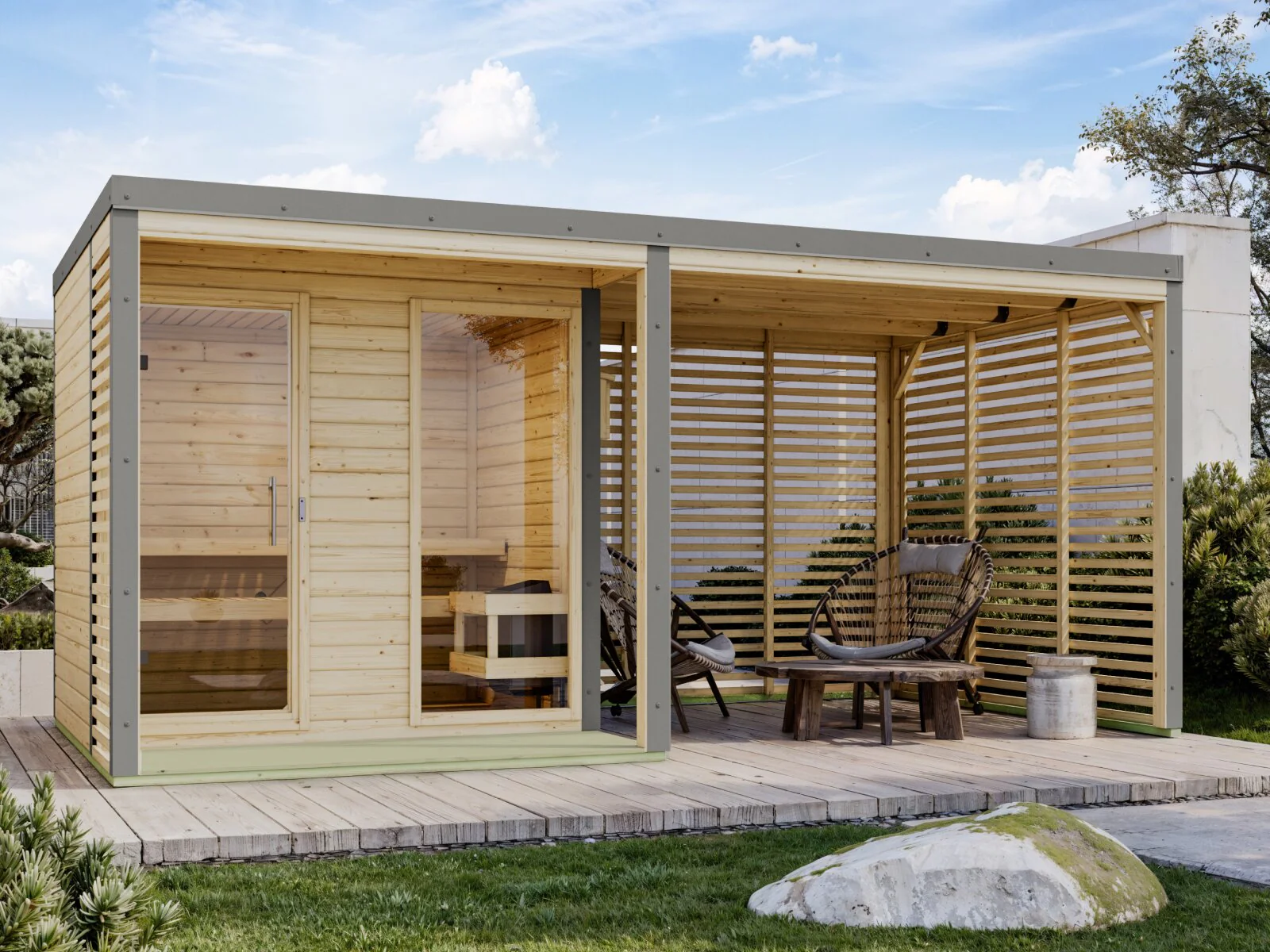 Karibu Hybrid Saunahaus Ares 2, inkl. Anbaudach in naturbelassen/graualuminium, inkl. 9 kW Ofen ext. Steuerung easy