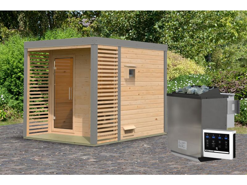 Karibu Hybrid Saunahaus Ares 2, naturbelassen/graualuminium, inkl 9 kW Bioofen ext. Steuerung - Image 2