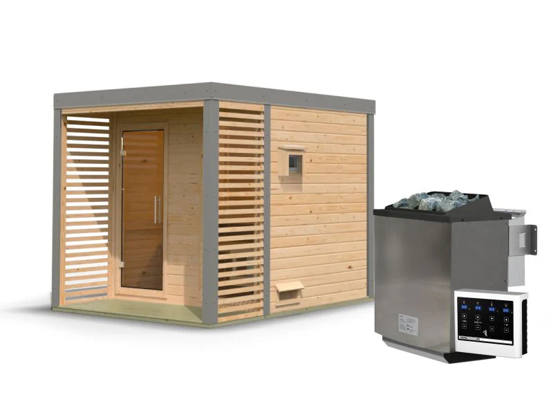 Karibu Hybrid Saunahaus Ares 2, naturbelassen/graualuminium, inkl 9 kW Bioofen ext. Steuerung - Image 3