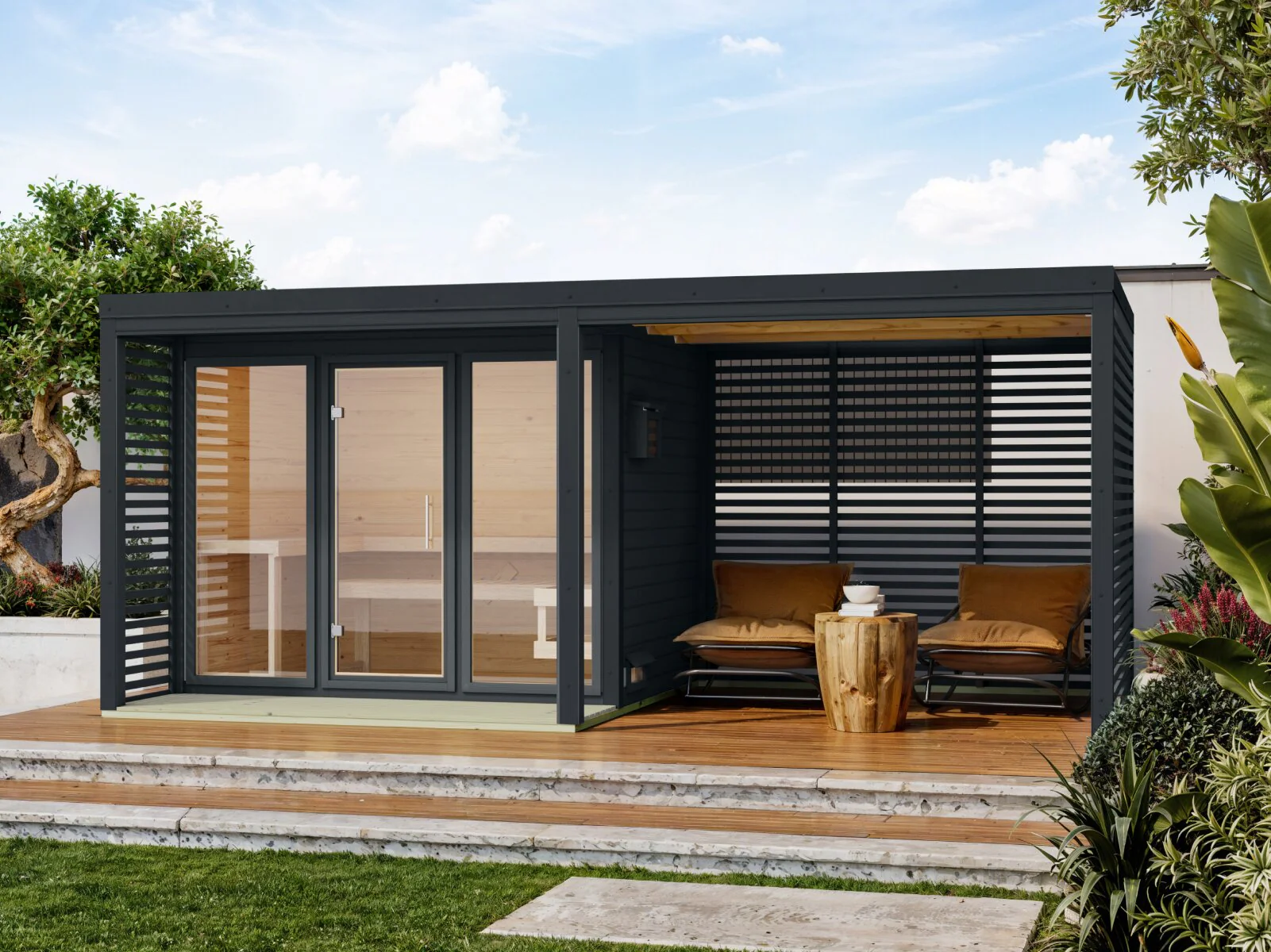 Karibu Hybrid Saunahaus Ares 3, inkl. Anbaudach in anthrazit/anthrazit, inkl. 9 kW Ofen ext. Steuerung easy