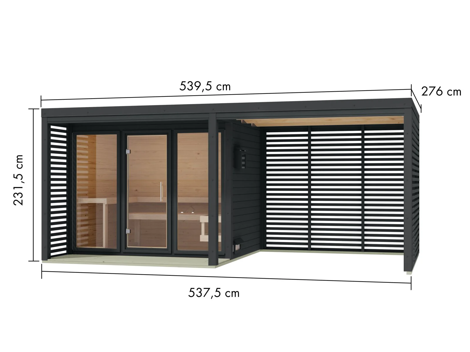 Karibu Hybrid Saunahaus Ares 3, inkl. Anbaudach in anthrazit/anthrazit, inkl. 9 kW Ofen ext. Steuerung Wifi HUUM - Image 2