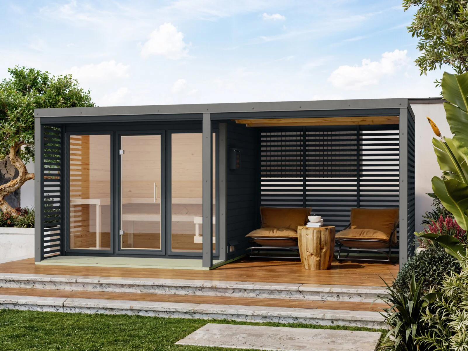 Karibu Hybrid Saunahaus Ares 3, inkl. Anbaudach in anthrazit/graualuminium, inkl. 9 kW Ofen ext. Steuerung Wifi HUUM