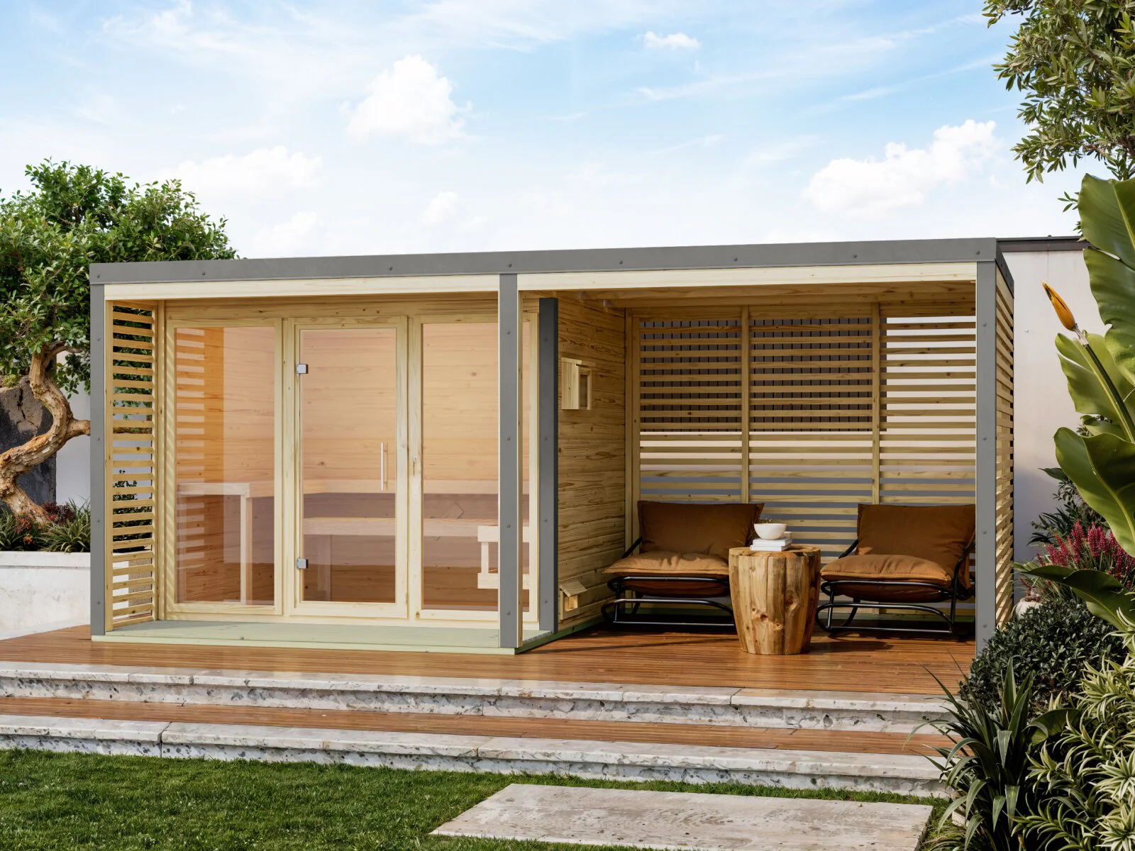 Karibu Hybrid Saunahaus Ares 3, inkl. Anbaudach in naturbelassen/graualuminium -ohne Ofen-