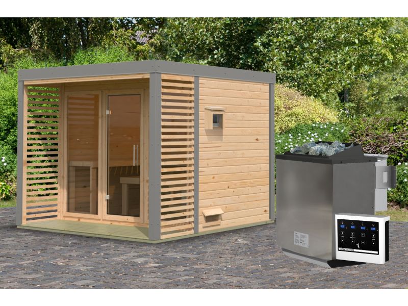 Karibu Hybrid Saunahaus Ares 3, naturbelassen/graualuminium, inkl. 9 kW Bioofen ext. Steuerung - Image 2