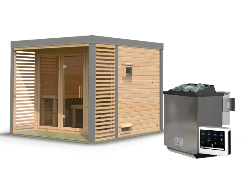 Karibu Hybrid Saunahaus Ares 3, naturbelassen/graualuminium, inkl. 9 kW Bioofen ext. Steuerung - Image 3