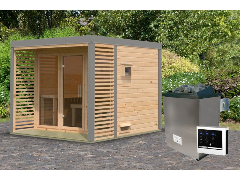 Karibu Hybrid Saunahaus Ares 3, naturbelassen/graualuminium, inkl. 9 kW Ofen ext. Steuerung - Image 2