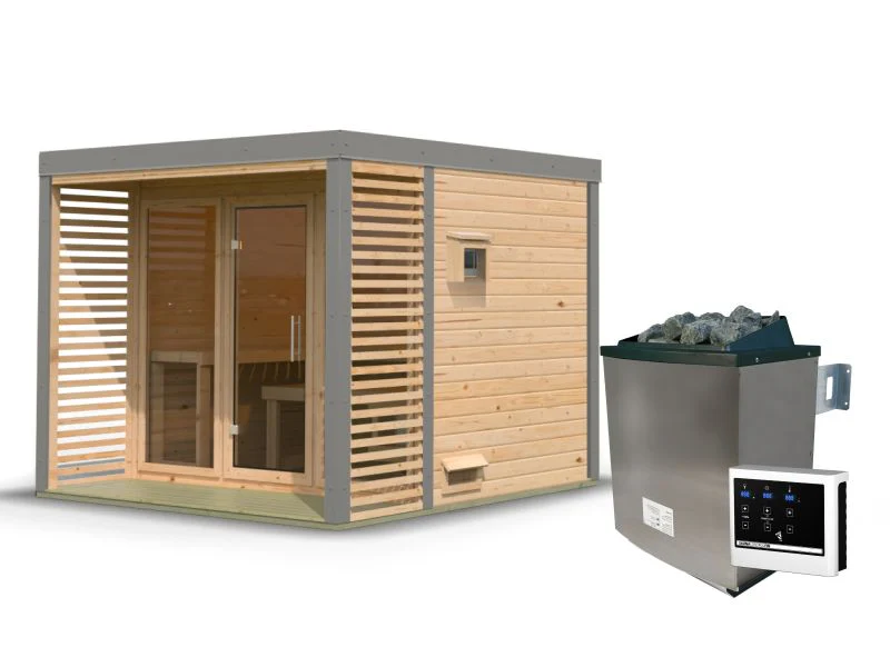 Karibu Hybrid Saunahaus Ares 3, naturbelassen/graualuminium, inkl. 9 kW Ofen ext. Steuerung - Image 3