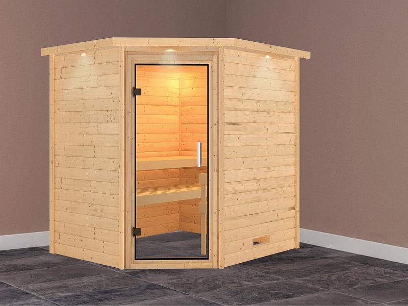 Karibu Massivholzsauna Mia 38 mm mit Klarglas Saunatür, mit Dachkranz - Image 2