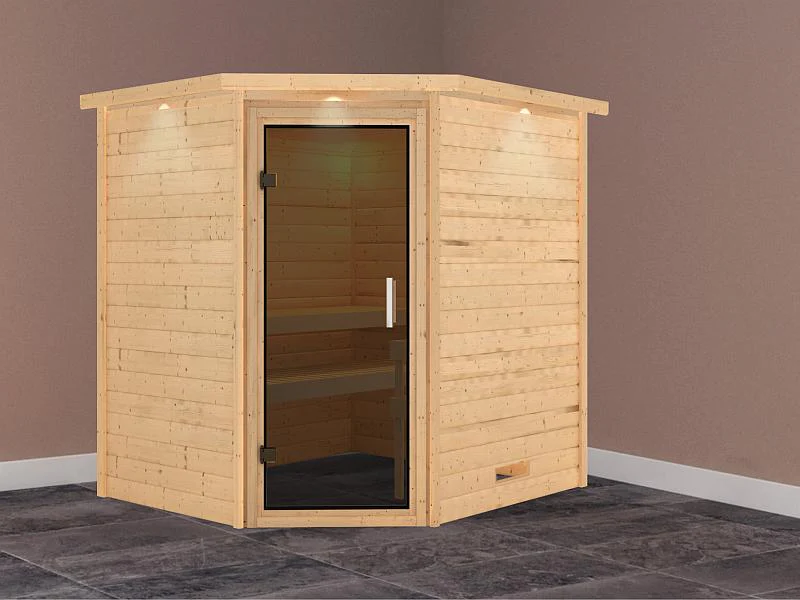Karibu Massivholzsauna Mia 38 mm mit moderner Saunatür, mit Dachkranz - Image 2