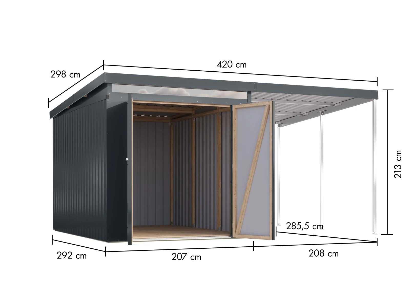 Karibu Metallgerätehaus Iridium 2,5 in Anthrazit, inkl. Anbaudach 2m - Image 2