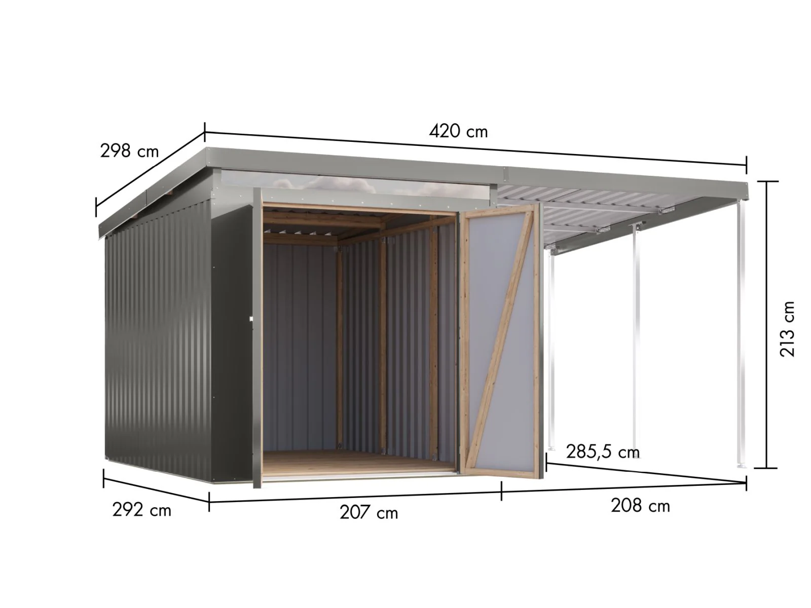 Karibu Metallgerätehaus Iridium 2,5 in Graualuminium, inkl. Anbaudach 2m - Image 2