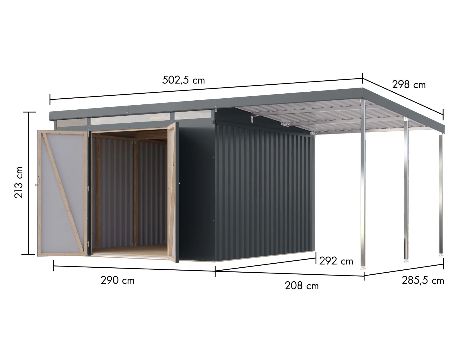 Karibu Metallgerätehaus Iridium 3,5 in Anthrazit, inkl. Anbaudach 2m - Image 2