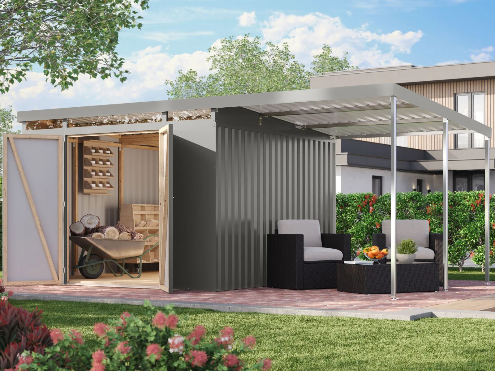 Karibu Metallgerätehaus Iridium 3,5 in Graualuminium, inkl. Anbaudach 2m