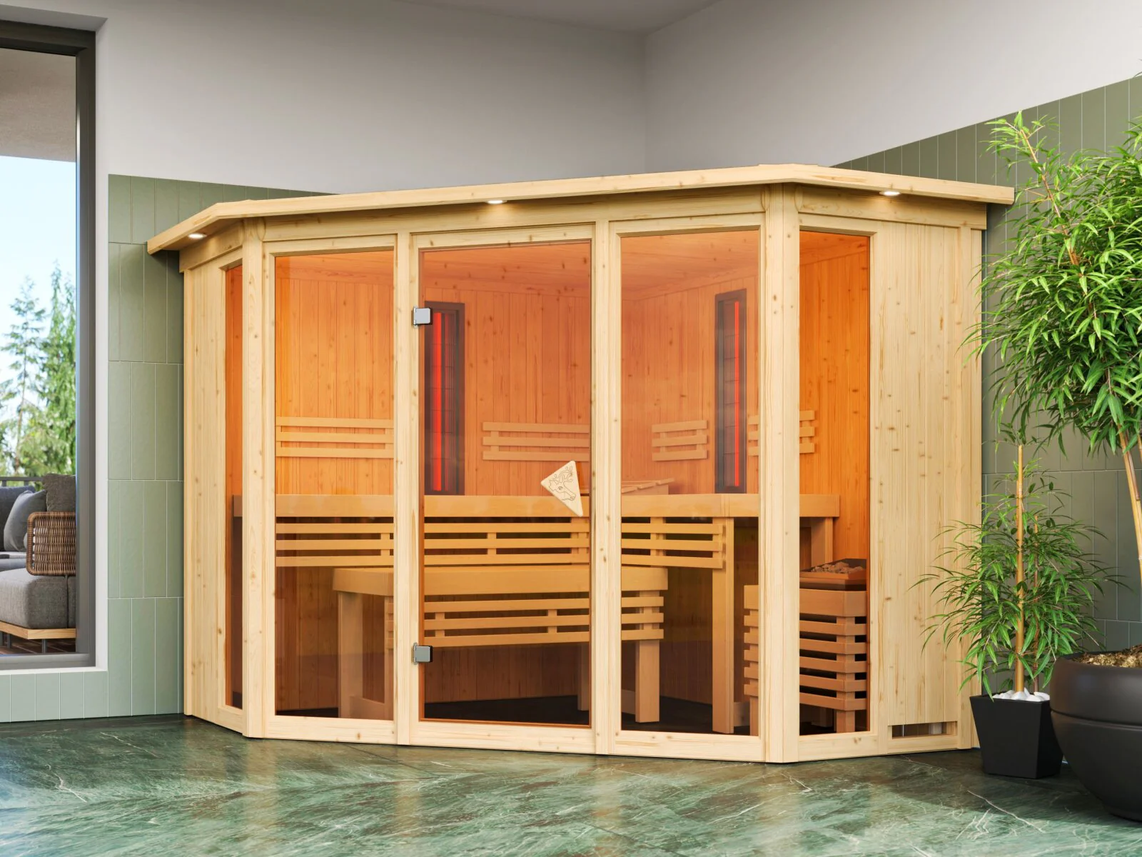 Karibu Multifunktions-Sauna Asta, inkl 9 kW Bioofen ext. Steuerung Wifi HUUM und Infrarotstrahler - mit Dachkranz -