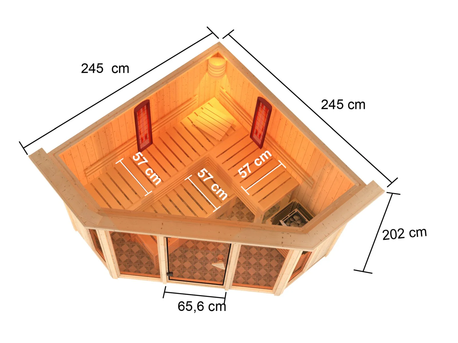 Karibu Multifunktions-Sauna Asta, inkl 9 kW Bioofen ext. Steuerung Wifi HUUM und Infrarotstrahler - mit Dachkranz - - Image 2