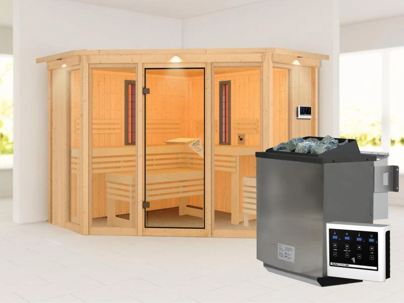 Karibu Multifunktions-Sauna Asta mit Dachkranz, 9 kW Bioofen und Infrarotstrahler - Image 4