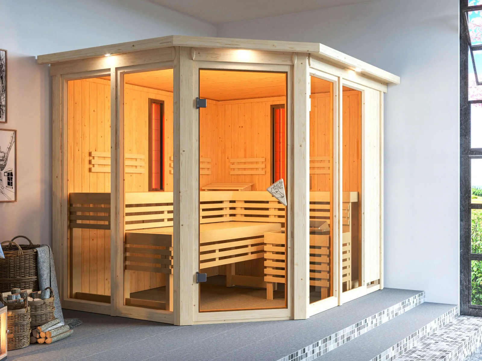 Karibu Multifunktions-Sauna Ava, inkl. 9 kW Bioofen ext. Steuerung Wifi HUUM und Infrarothstrahler - mit Dachkranz -