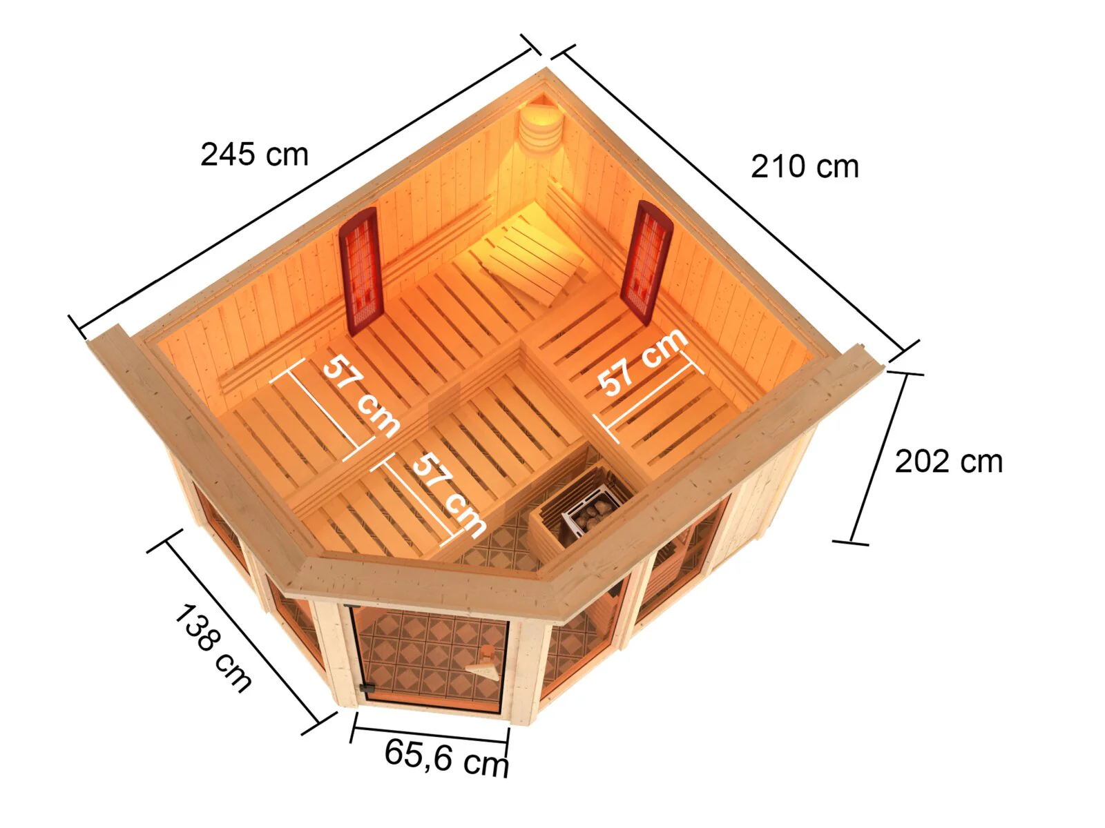 Karibu Multifunktions-Sauna Ava, inkl. 9 kW Bioofen ext. Steuerung Wifi HUUM und Infrarothstrahler - mit Dachkranz - - Image 2