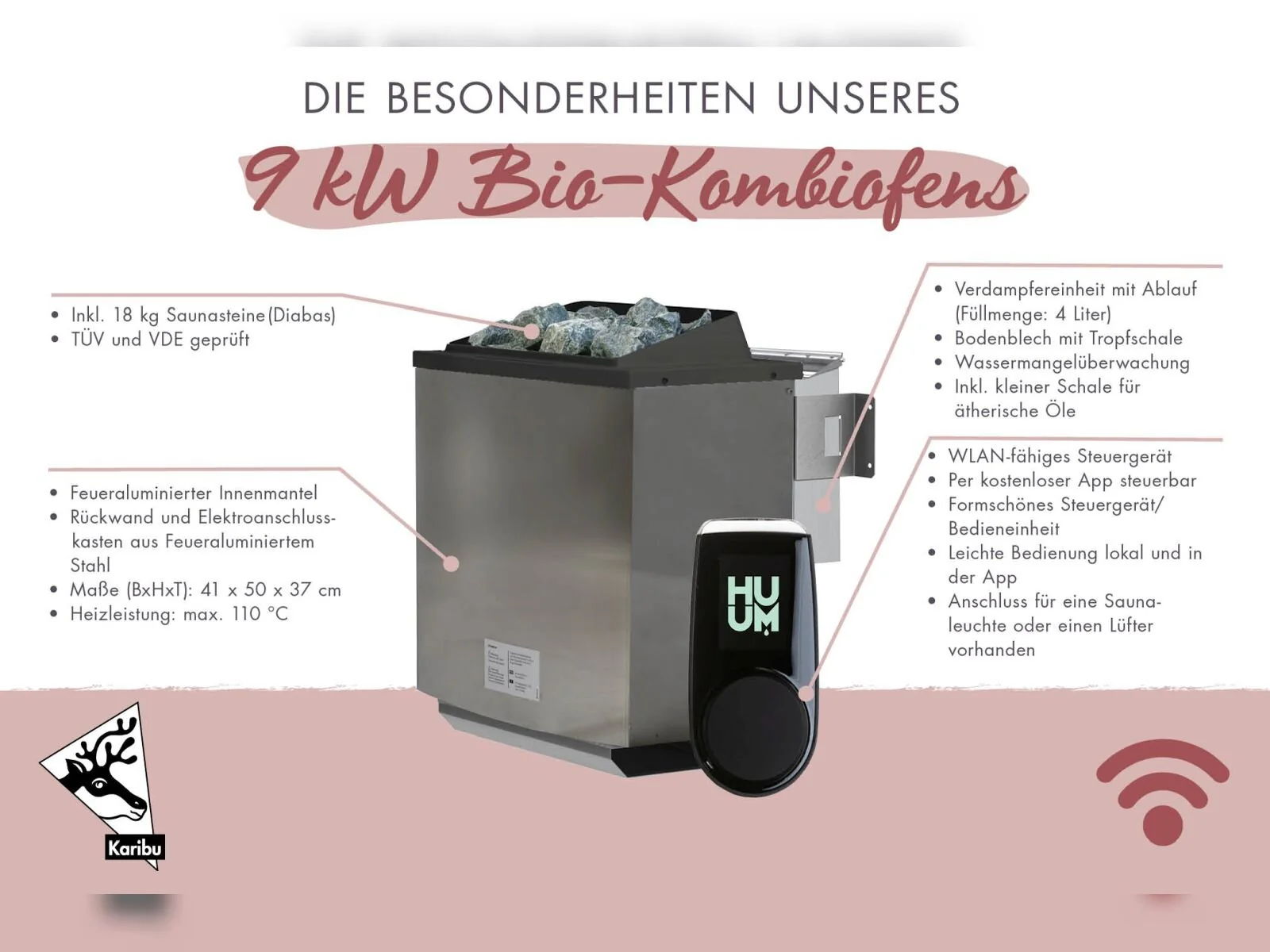 Karibu Multifunktions-Sauna Ava, inkl. 9 kW Bioofen ext. Steuerung Wifi HUUM und Infrarothstrahler - mit Dachkranz - - Image 9