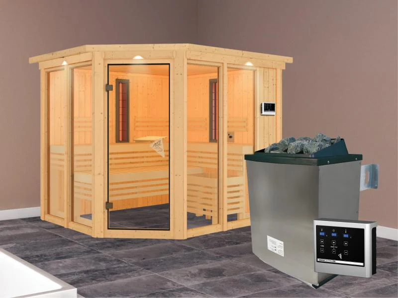 Karibu Multifunktions-Sauna Ava mit Dachkranz, 9 kW Ofen und Infrarotstrahler - Image 2