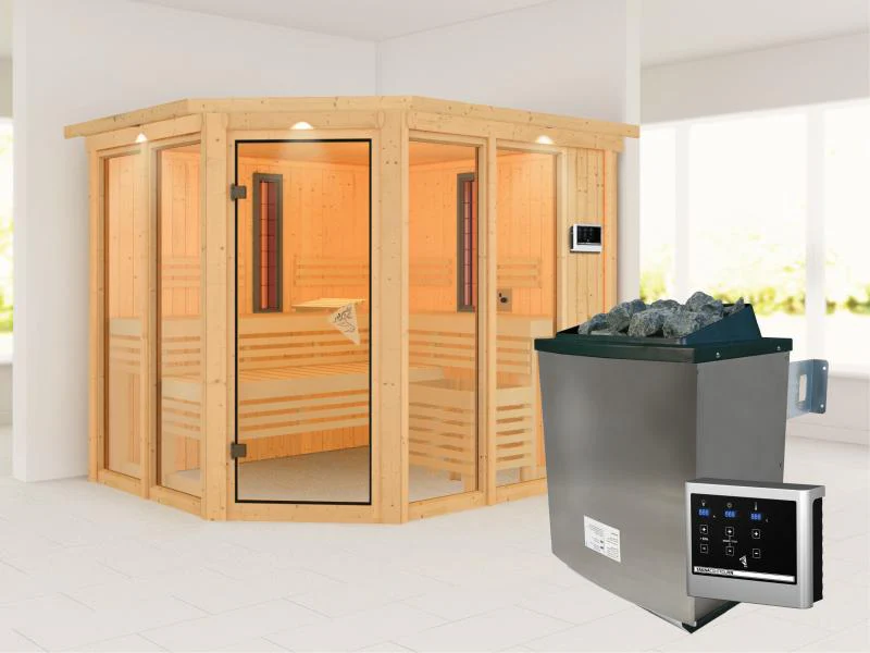 Karibu Multifunktions-Sauna Ava mit Dachkranz, 9 kW Ofen und Infrarotstrahler - Image 4