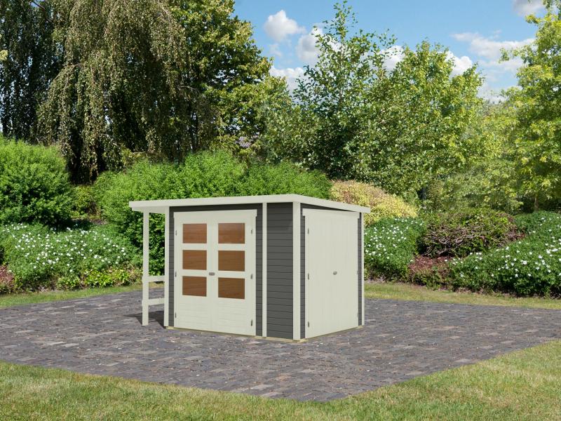 Karibu Multifunktionshaus Pultdach mit Schrank und Anbaudach 19 mm, terragrau - Image 2