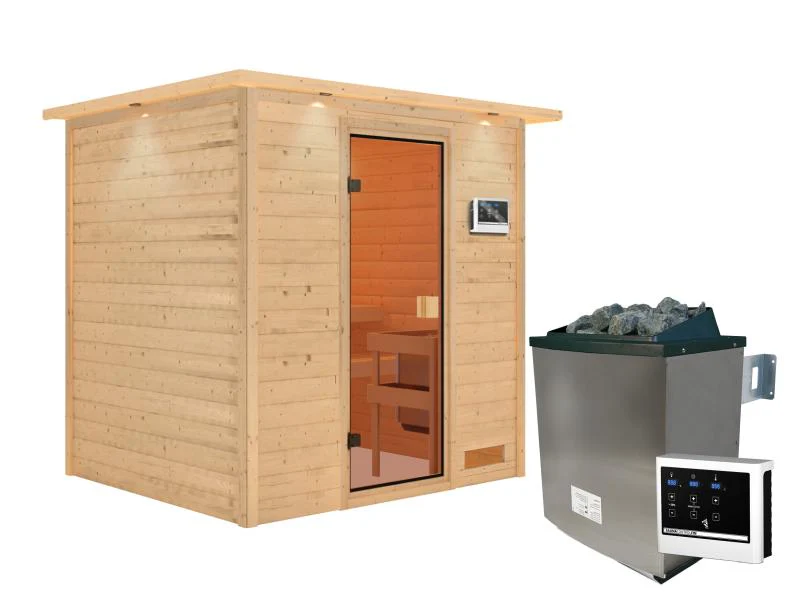Karibu Sauna Adelina inkl. 9 kW Ofen ext. Steuerung mit klassischer Saunatür -mit Dachkranz- - Image 2