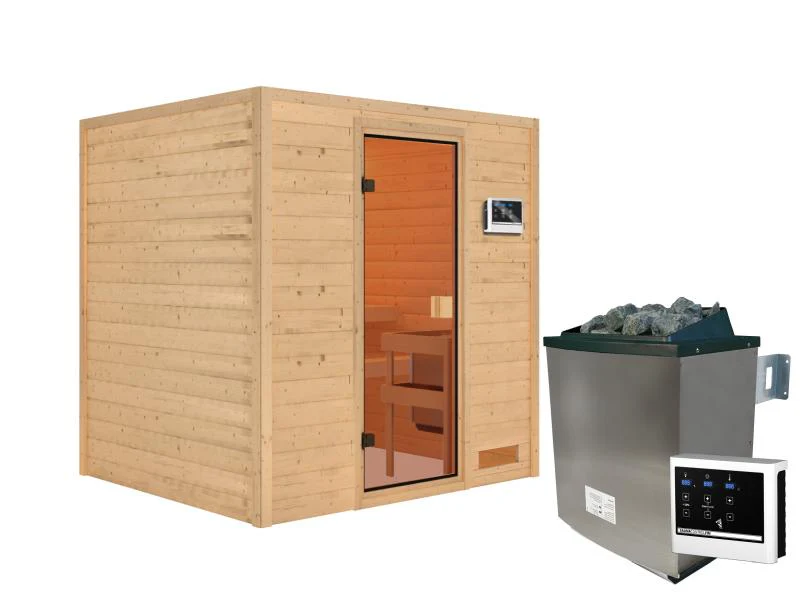 Karibu Sauna Adelina inkl. 9 kW Ofen ext. Steuerung mit klassischer Saunatür -ohne Dachkranz- - Image 2