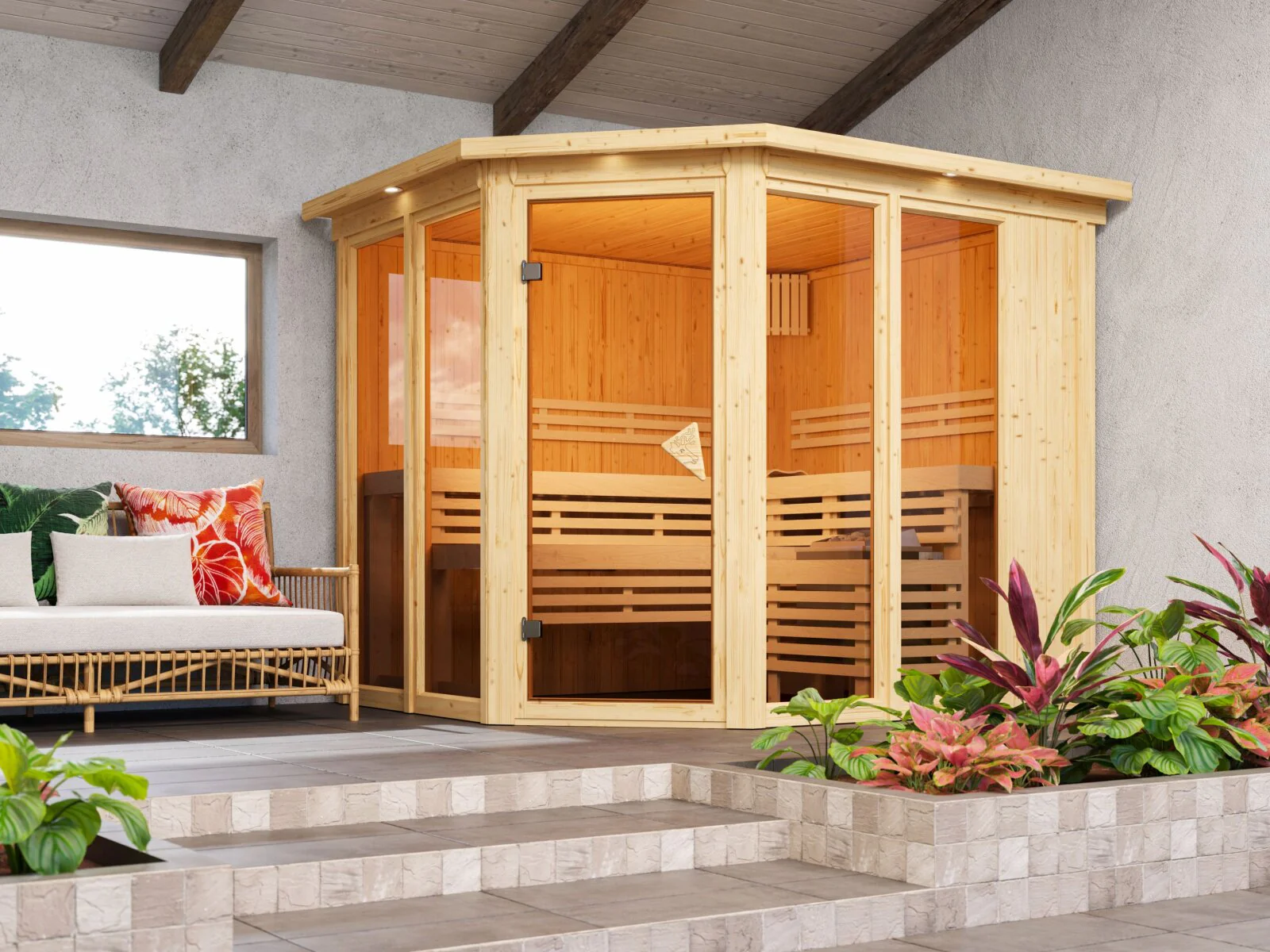 Karibu Sauna Ainur 3, 68 mm, inkl. 9 kW Ofen ext. Steuerung Wifi HUUM - mit Dachkranz -