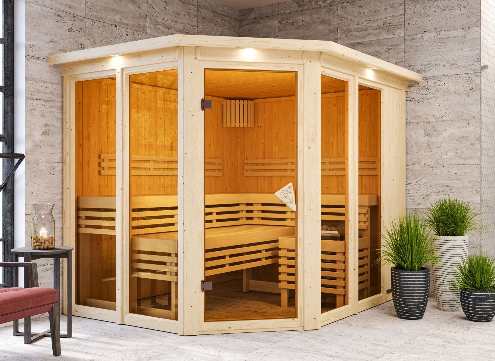 Karibu Sauna Ainur 3, 68 mm, inkl. 9 kW Ofen ext. Steuerung Wifi HUUM - mit Dachkranz - - Image 2