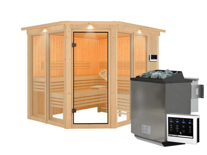 Karibu Sauna Ainur mit Dachkranz und 9 kW Bioofen Ext. Strg 68 mm - Image 2
