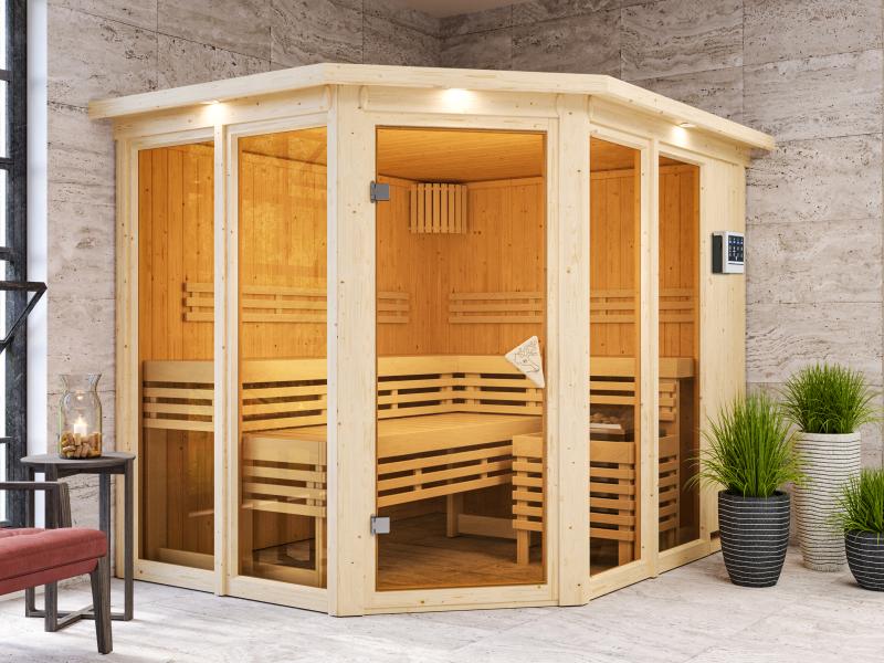 Karibu Sauna Ainur mit Dachkranz und 9 kW Bioofen Ext. Strg 68 mm - Image 4