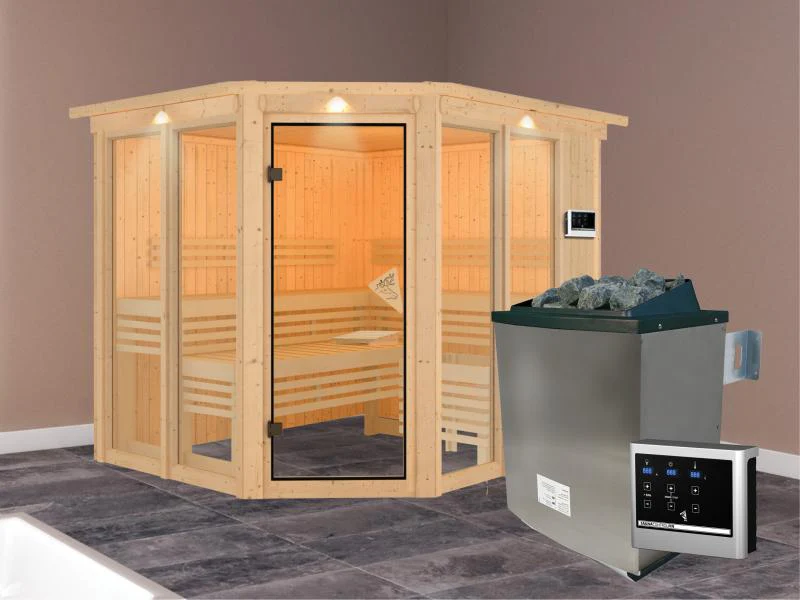 Karibu Sauna Ainur mit Dachkranz und 9 kW Ofen Ext. Strg 68 mm - Image 2