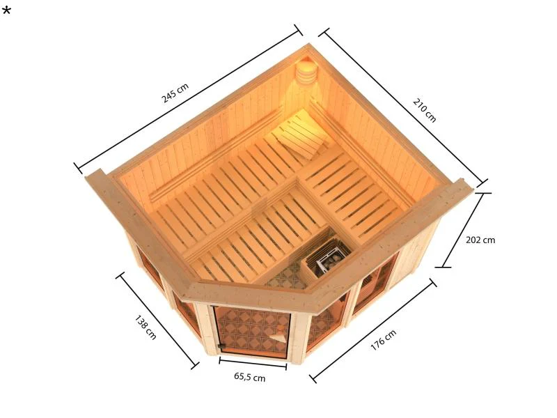 Karibu Sauna Ainur mit Dachkranz und 9 kW Ofen Integr. Strg 68 mm - Image 3