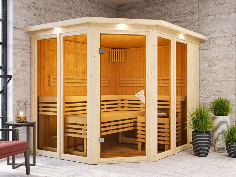 Karibu Sauna Ainur mit Dachkranz und 9 kW Ofen Integr. Strg 68 mm - Image 4