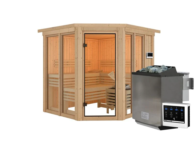 Karibu Sauna Airi, inkl. 9 kW Bioofen ext. Steuerung - mit Dachkranz - - Image 3