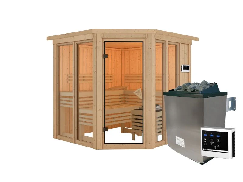 Karibu Sauna Airi, inkl. 9 kW Ofen ext. Steuerung - mit Dachkranz - - Image 2