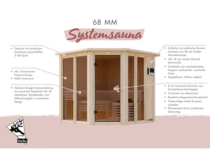Karibu Sauna Airi, inkl. 9 kW Ofen ext. Steuerung - mit Dachkranz - - Image 4