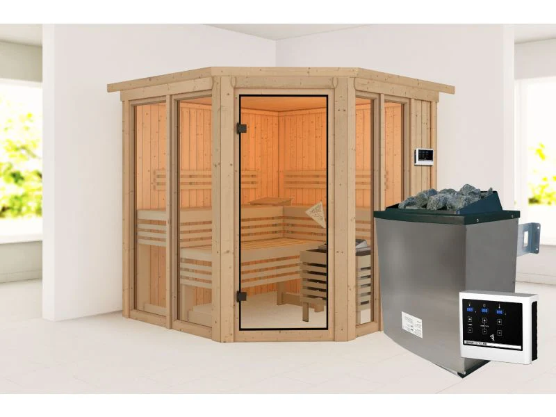 Karibu Sauna Airi, inkl. 9 kW Ofen ext. Steuerung - mit Dachkranz - - Image 5