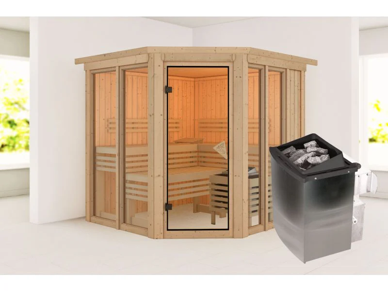 Karibu Sauna Airi, inkl. 9 kW Ofen integr. Steuerung - mit Dachkranz - - Image 2