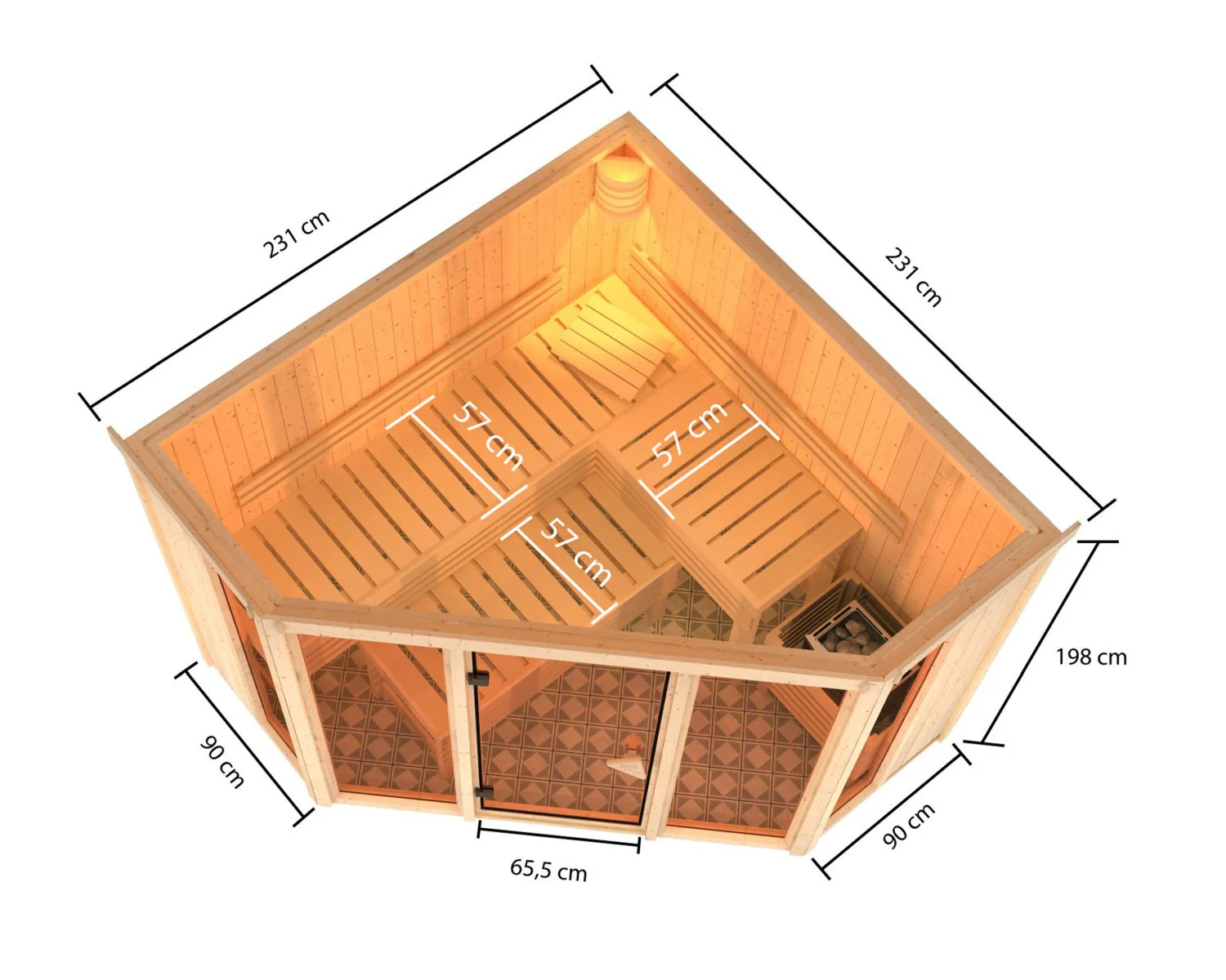 Karibu Sauna Alcinda, 68 mm, inkl. 9 kW Bioofen ext. Streuerung Wifi HUUM- mit Dachkranz - - Image 2