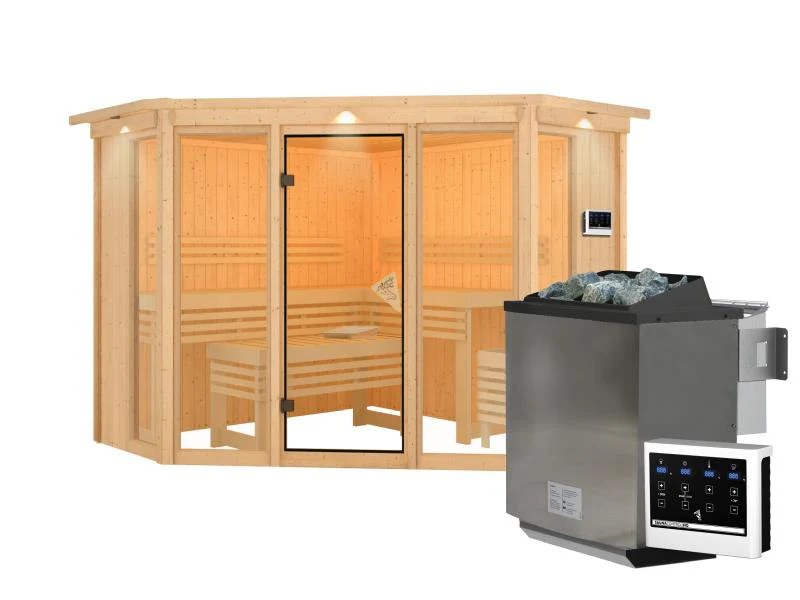Karibu Sauna Alcinda mit Dachkranz- 9 kW Bioofen Ext. Strg 68 mm - Image 2