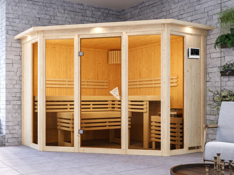 Karibu Sauna Alcinda mit Dachkranz- 9 kW Bioofen Ext. Strg 68 mm - Image 4