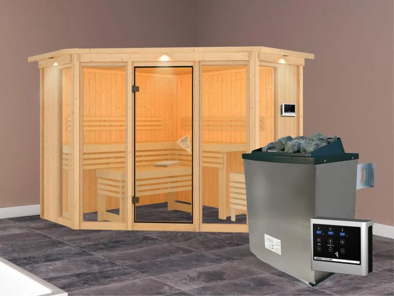 Karibu Sauna Alcinda mit Dachkranz- 9 kW Ofen Ext. Strg 68 mm - Image 2