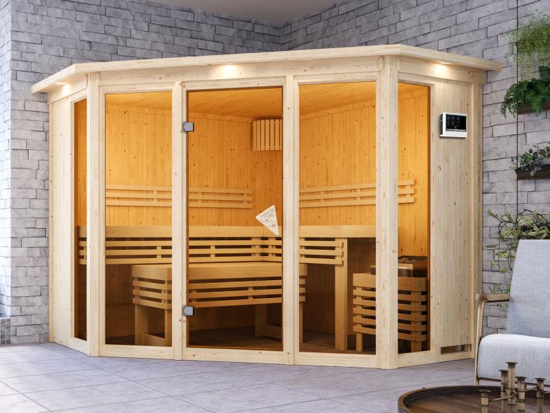 Karibu Sauna Alcinda mit Dachkranz- 9 kW Ofen Ext. Strg 68 mm - Image 4