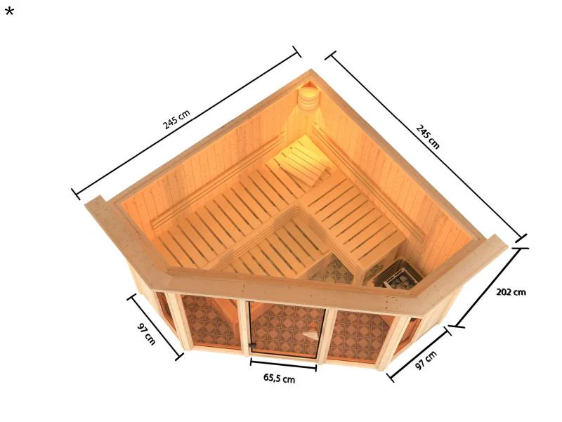 Karibu Sauna Alcinda mit Dachkranz- 9 kW Ofen Integr. Strg 68 mm - Image 3